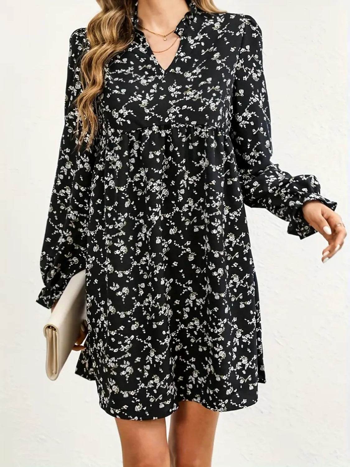Ditsy Floral Notched Flounce Sleeve Dress - Selvanelle
