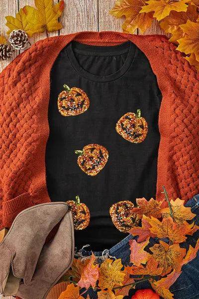 Sequin Pumpkin Round Neck Short Sleeve T-Shirt for Women - Selvanelle