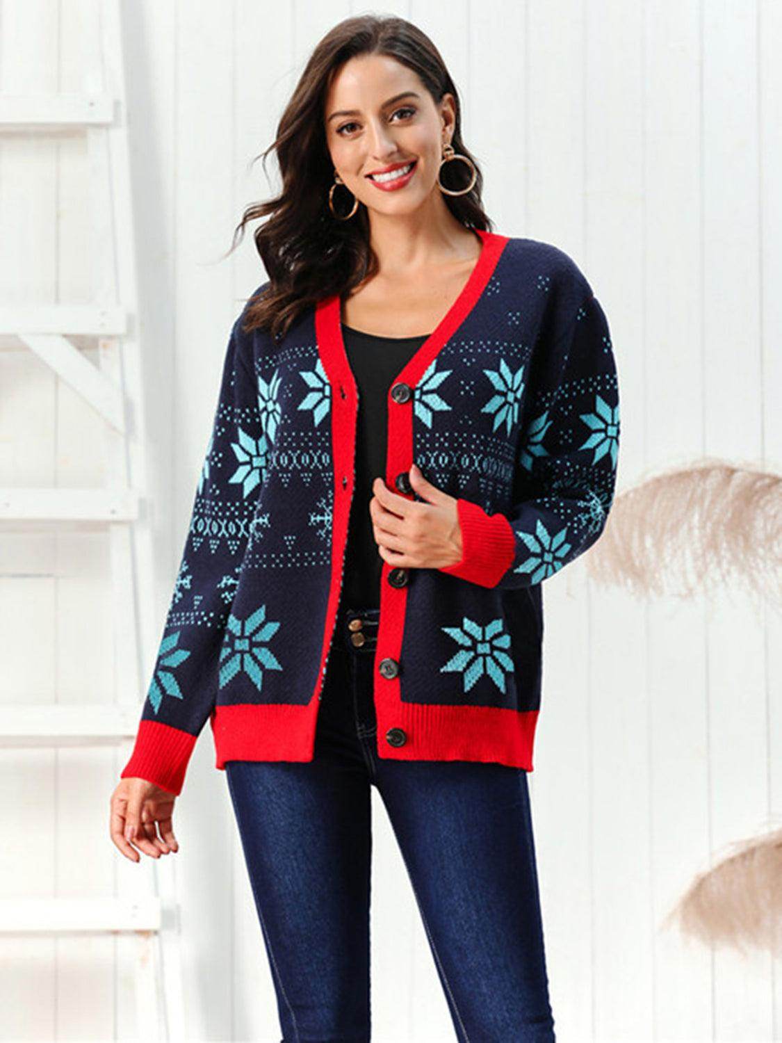 Snowflake Pattern Button Down Cardigan for Winter Style - Selvanelle