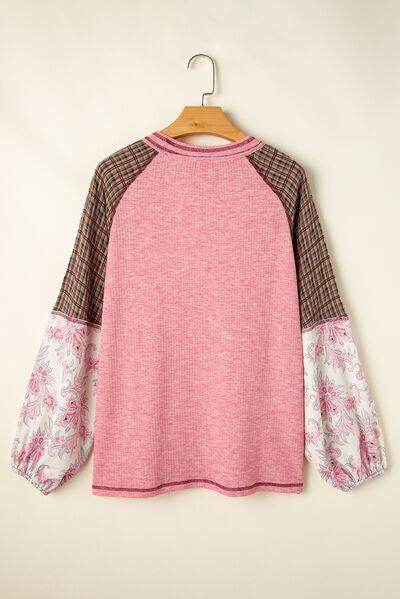 Plaid Floral Patchwork Round Neck Long Sleeve Top for Women - Selvanelle