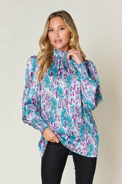 Double Take Full Size Printed Smocked Long Sleeve Blouse - Selvanelle