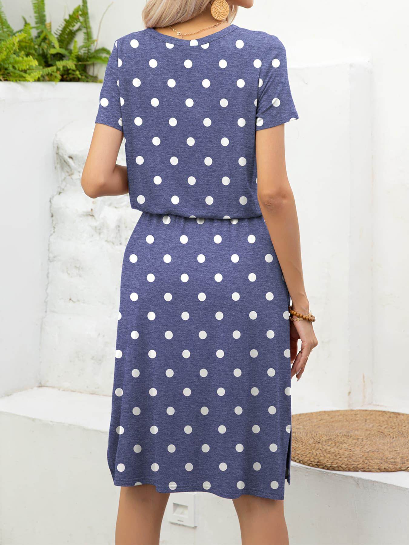Round Neck Short Sleeve Slit Dress with Pockets for Women - Selvanelle