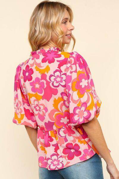 Haptics Full Size Frill Floral Puff Sleeve Blouse Chic - Selvanelle