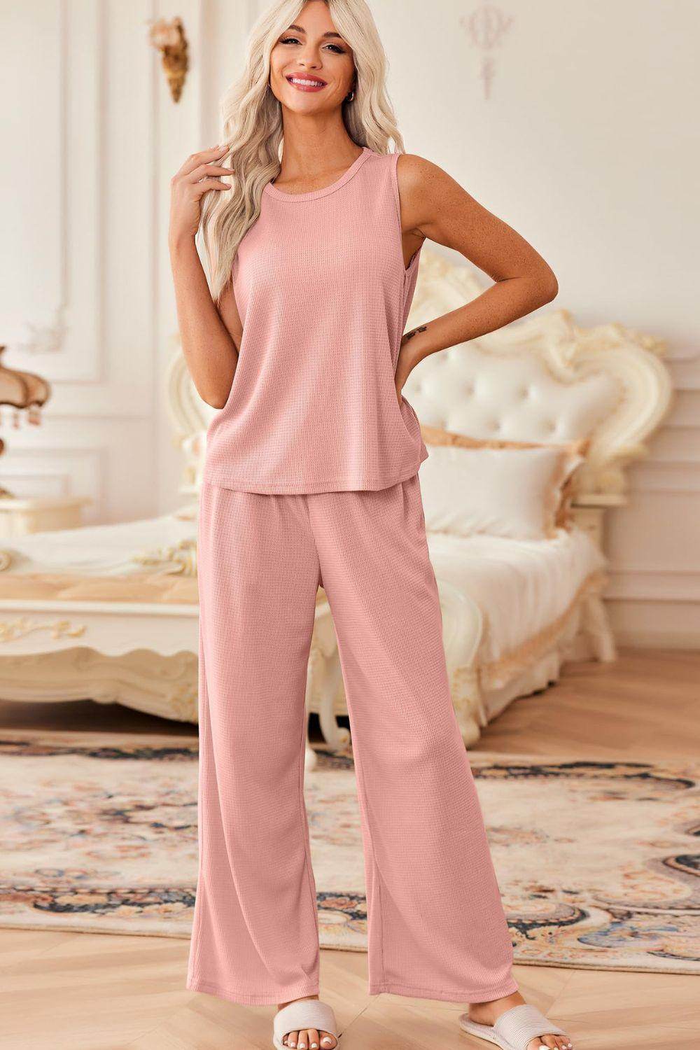 Waffle-Knit Round Neck Tank and Pants Set for Women - Selvanelle