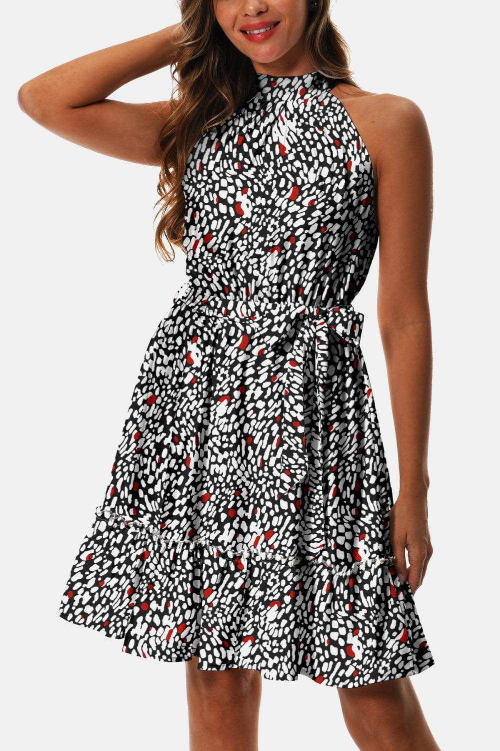 Printed Tie Waist Frill Trim Dress for Chic Summer Style - Selvanelle