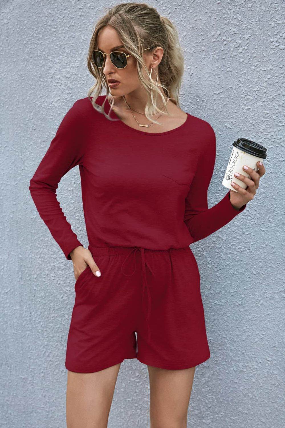 Drawstring Waist Long Sleeve Romper - Selvanelle