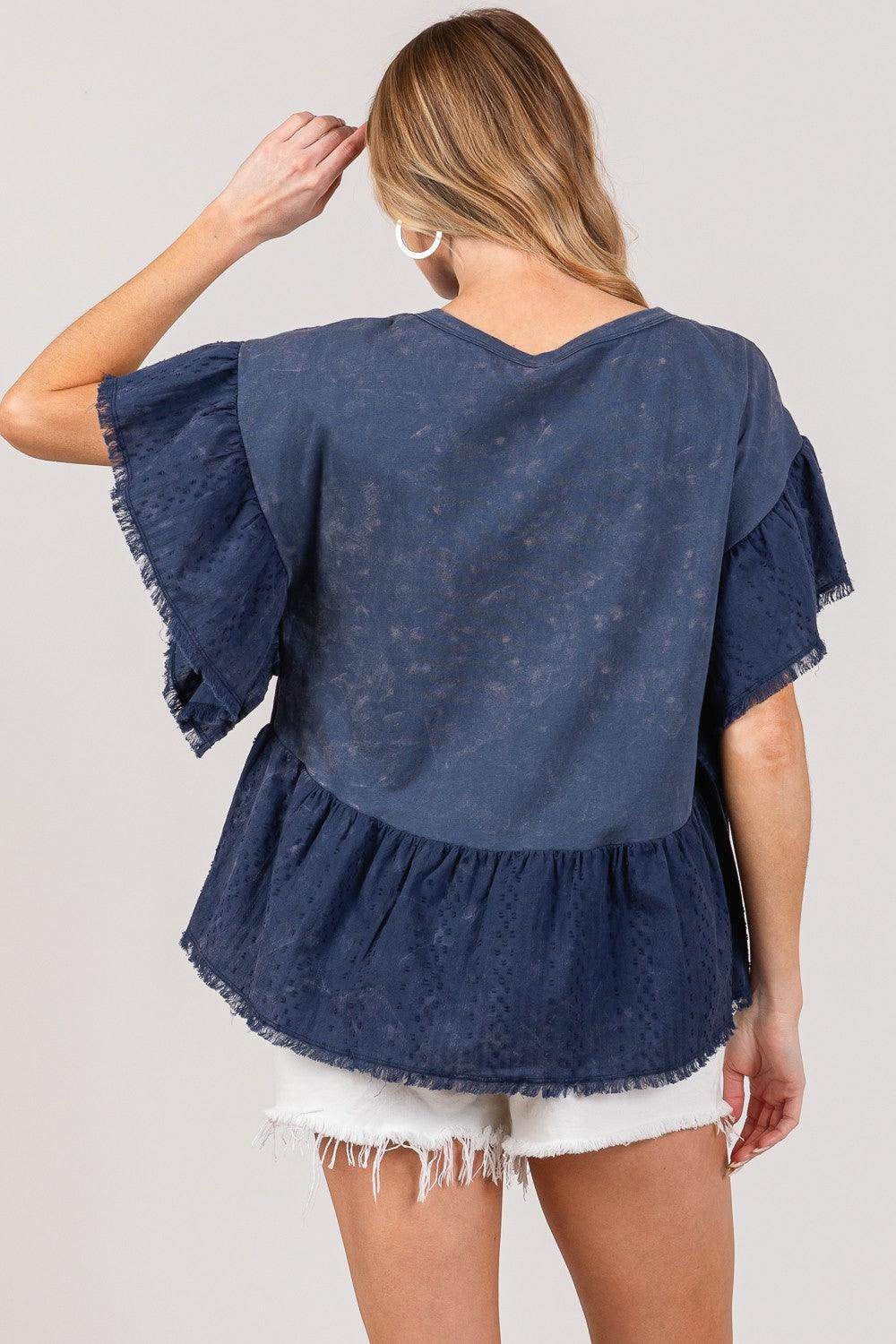 SAGE + FIG Ruffle Sleeve Washed Short Sleeve Blouse for Women - Selvanelle