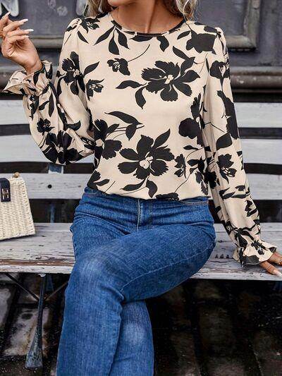 Bow Back Printed Round Neck Flounce Sleeve Blouse for Women - Selvanelle