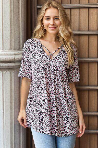 Heimish Full Size Short Sleeve Crisscross Animal Babydoll Top Plus Size - Selvanelle