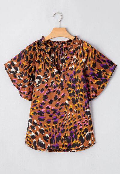 Leopard Notched Short Sleeve Blouse for Stylish Women - Selvanelle