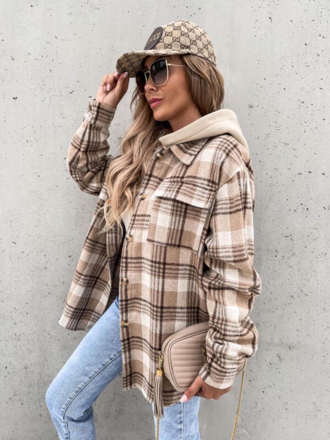 Plaid Dropped Shoulder Hooded Jacket for Casual Style - Selvanelle