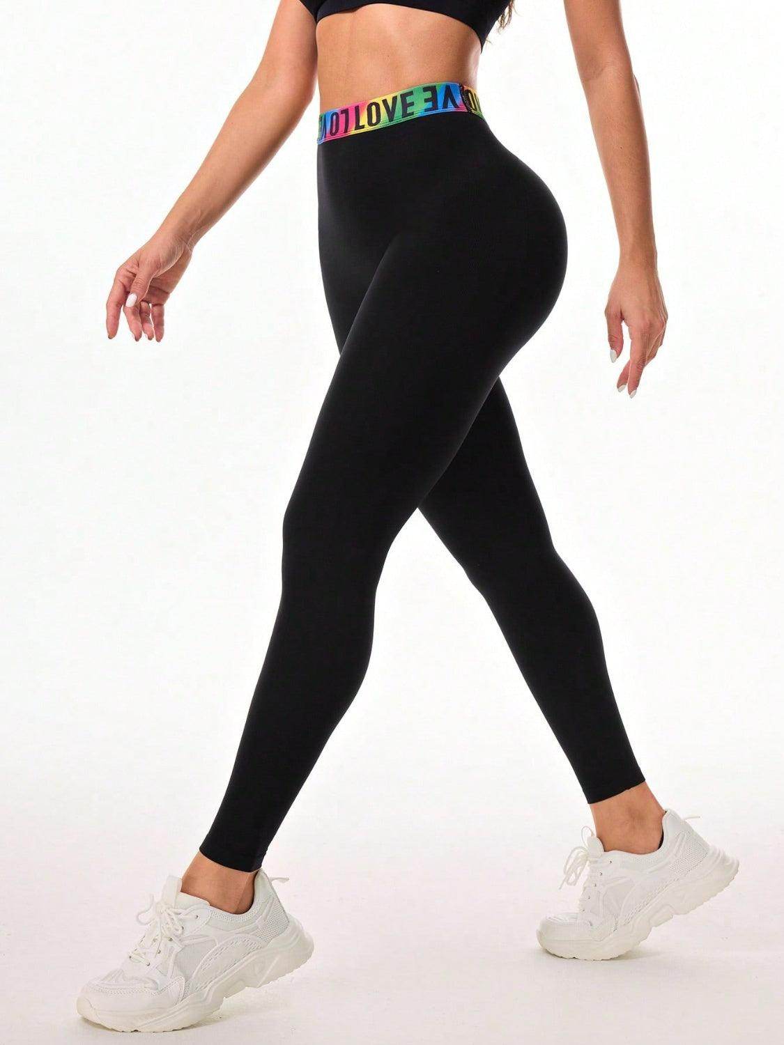 Letter Printed High Waist Active Leggings for Women - Selvanelle