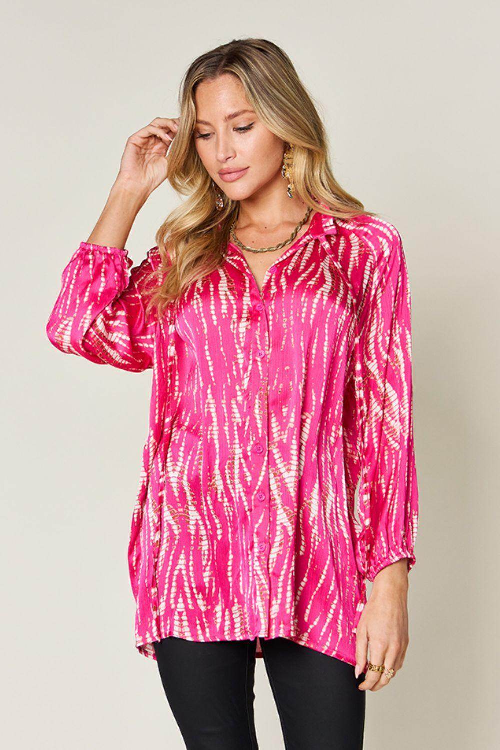 Double Take Full Size Printed Button Up Long Sleeve Shirt - Selvanelle