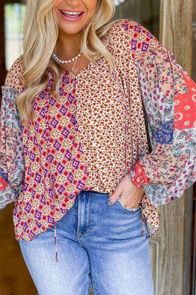 Printed Tie Neck Long Sleeve Blouse for Women Fashion - Selvanelle