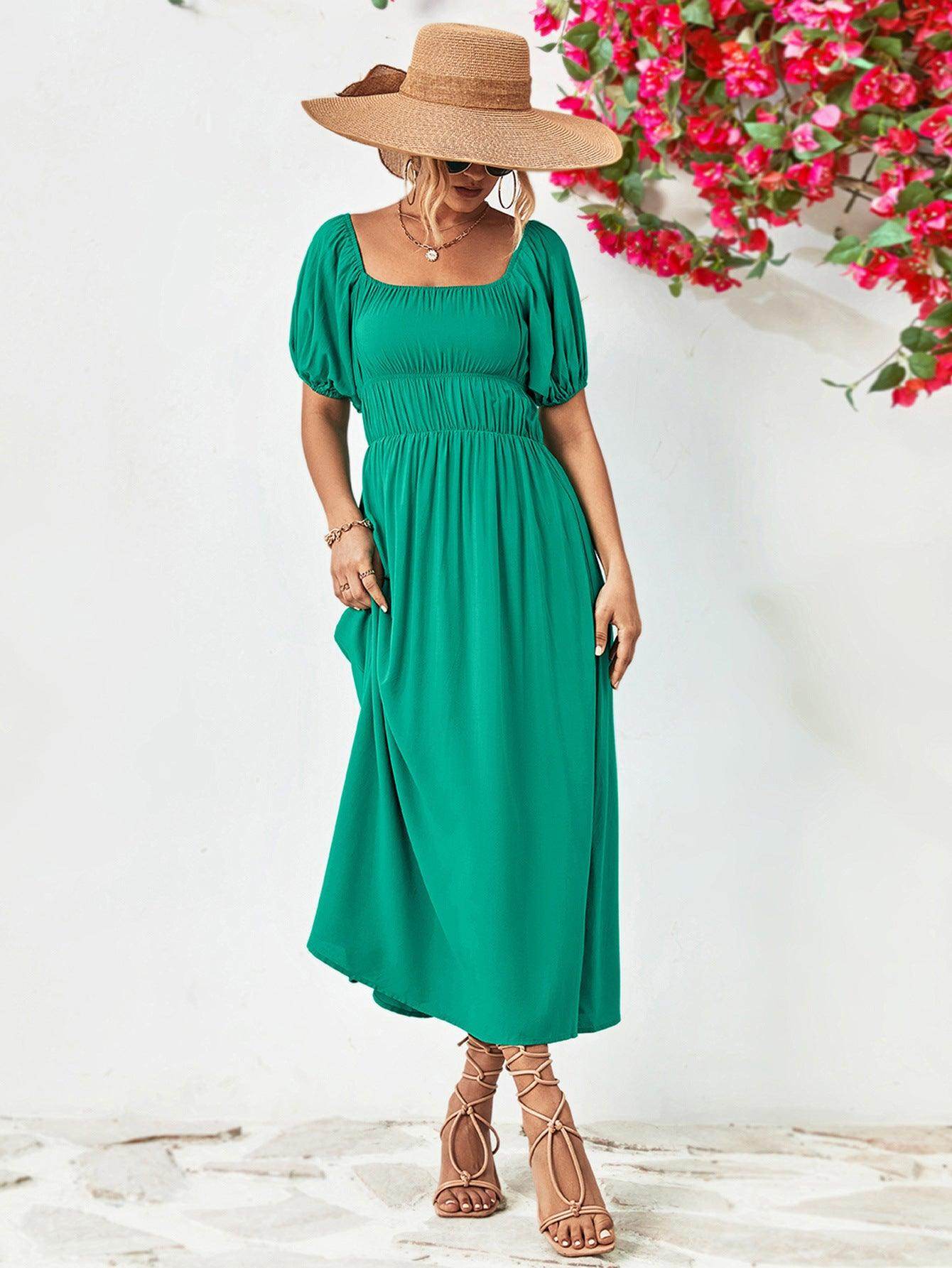 Off-Shoulder Balloon Sleeve Midi Dress for Chic Style - Selvanelle