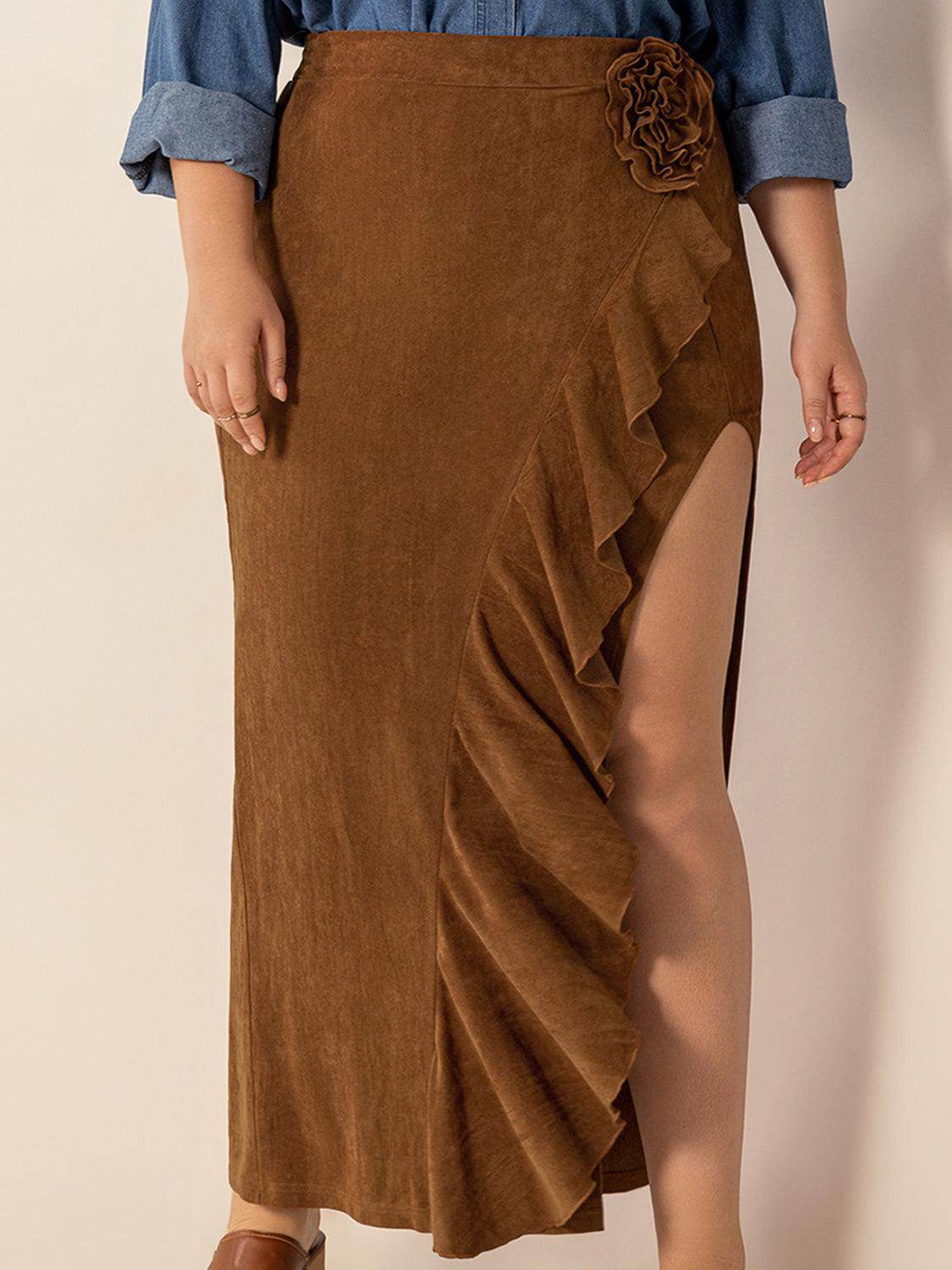 Plus Size Ruffled Slit High Rise Skirt for Stylish Comfort - Selvanelle