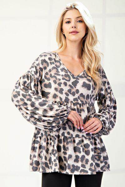 Celeste Full Size Leopard V-Neck Balloon Sleeve Blouse - Selvanelle