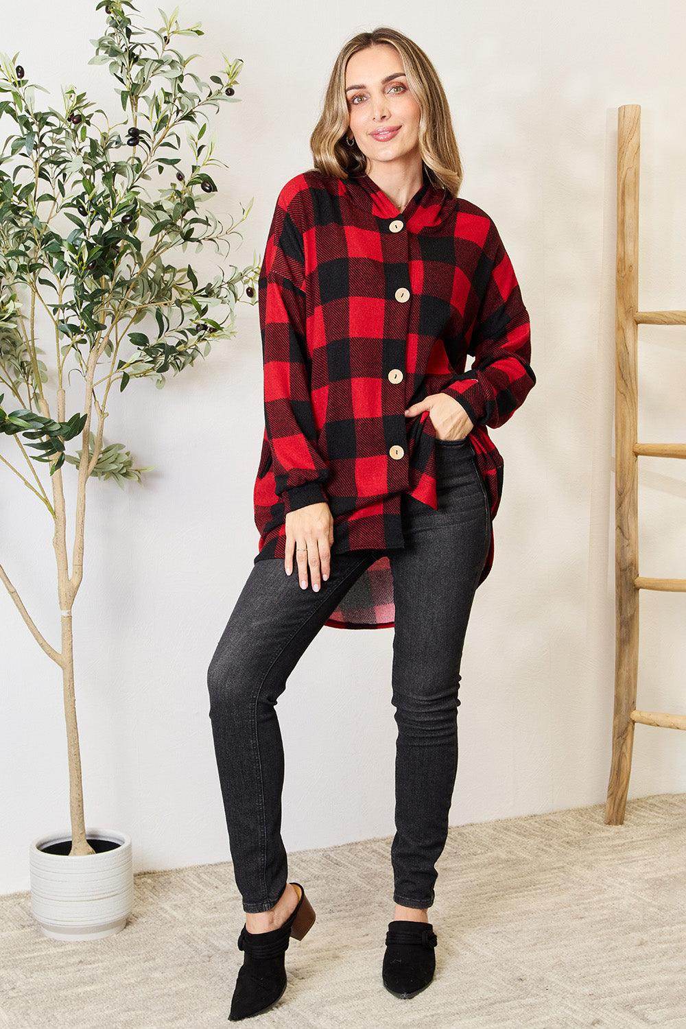Heimish Full Size Plaid Button Front Hooded Shirt for Women - Selvanelle