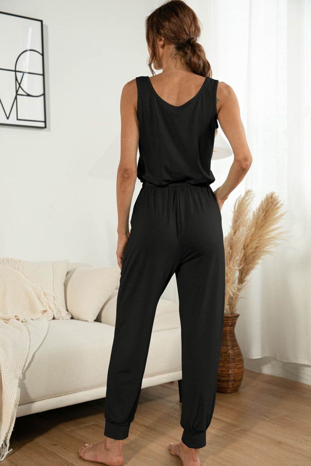 Drawstring Waist Round Neck Jogger Jumpsuit - Selvanelle