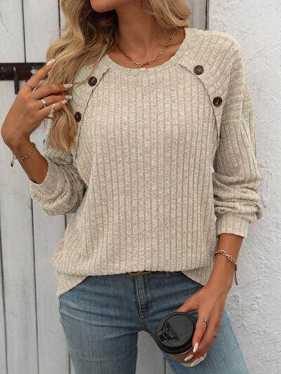 Mandy Decor Button Long Sleeve Ribbed T-Shirt for Women - Selvanelle
