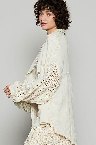POL Openwork Lantern Sleeve Button Down Gauze Shirt Women - Selvanelle