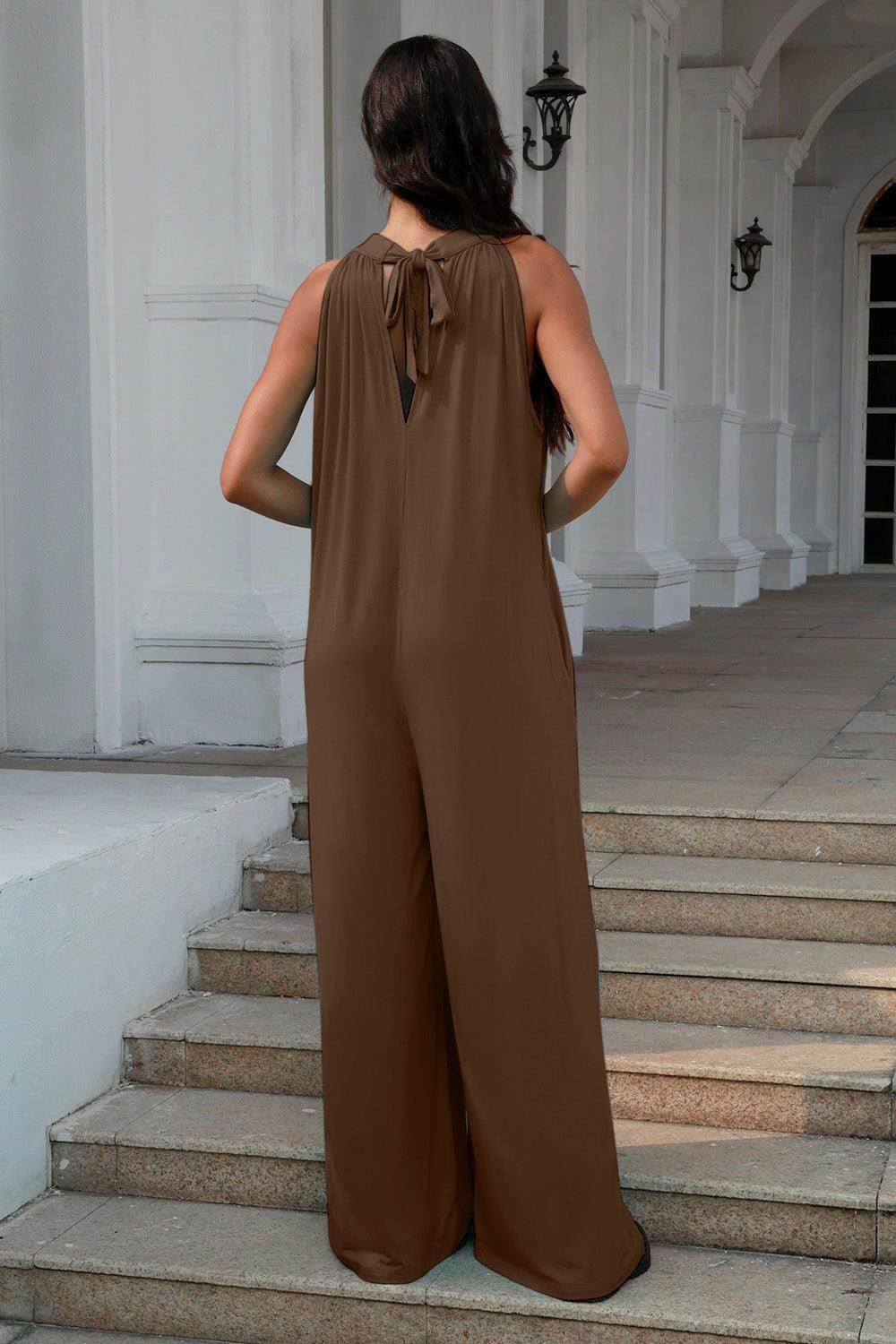 Double Take Full Size Tie Back Cutout Sleeveless Jumpsuit - Selvanelle