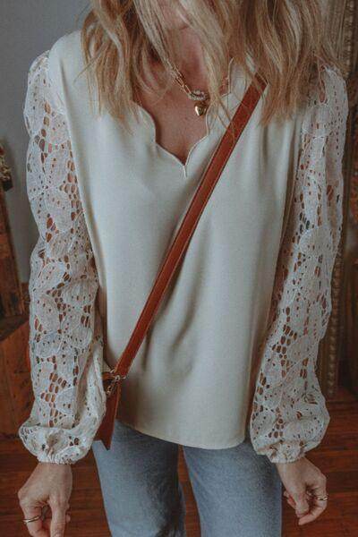 V Neck Lace Balloon Sleeve Blouse for Stylish Women - Selvanelle