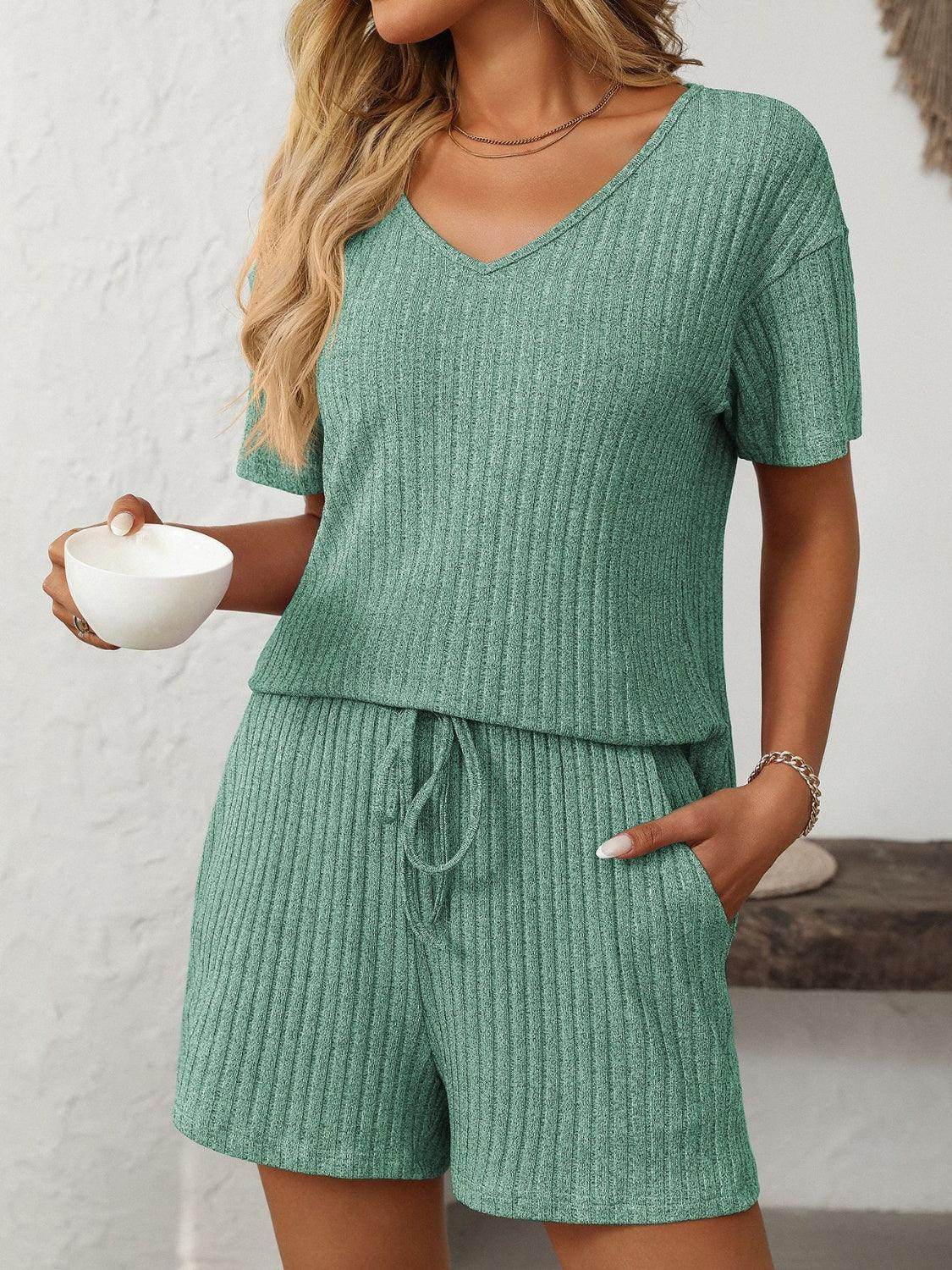 Mandy V-Neck Short Sleeve Top and Shorts Set for Women - Selvanelle