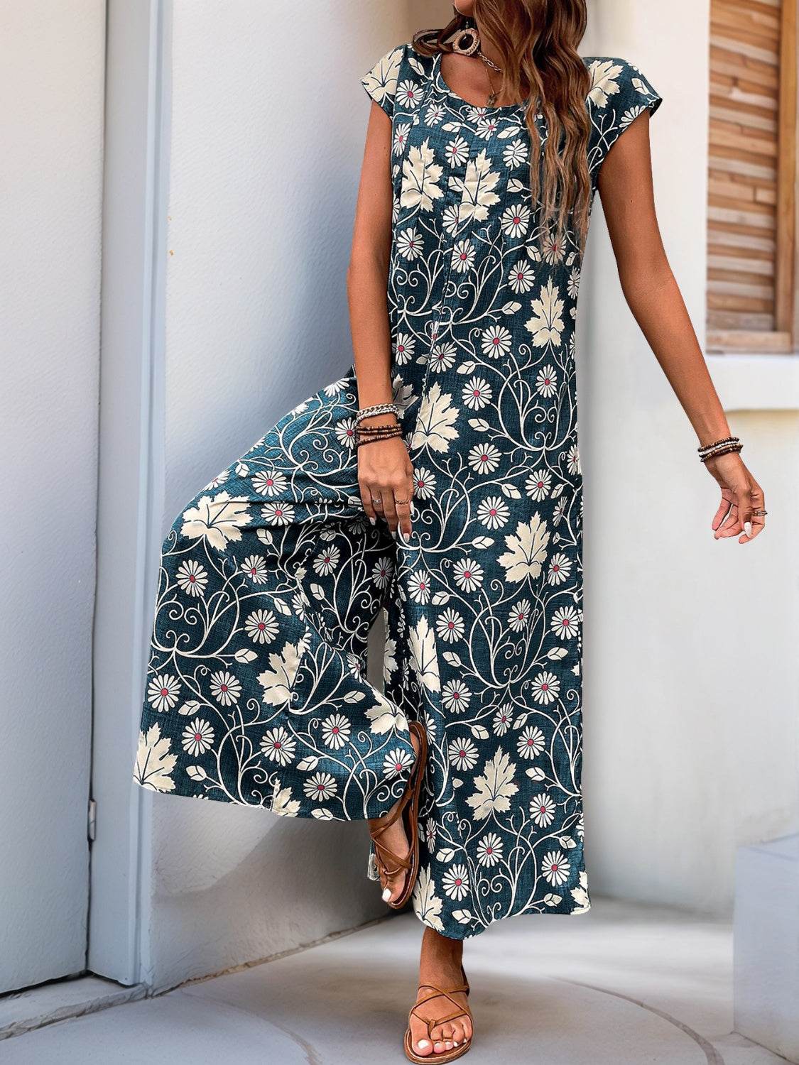 Perfee Printed Round Neck Cap Sleeve Wide Leg Jumpsuit - Selvanelle