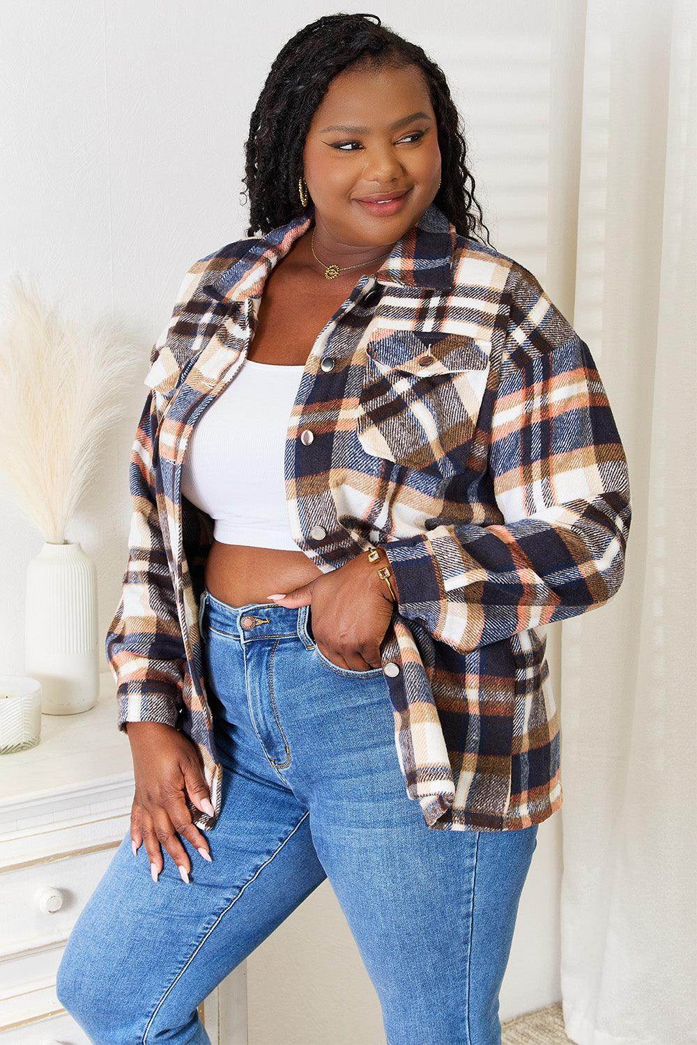 Double Take Plaid Button Front Shirt Jacket with Breast Pockets - Selvanelle