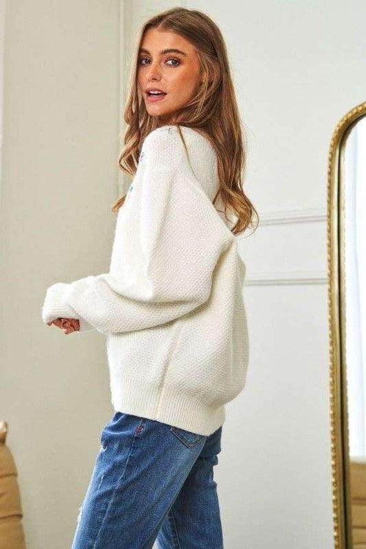 Davi & Dani Flower Embroidered Button Up Long Sleeve Cardigan - Selvanelle