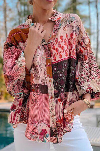 Patchwork Printed Notched Flounce Sleeve Shirt for Women - Selvanelle