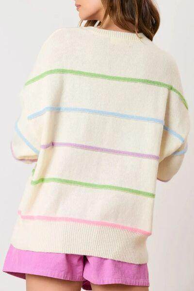 Contrast Striped Half Button Round Neck Sweater for Women - Selvanelle