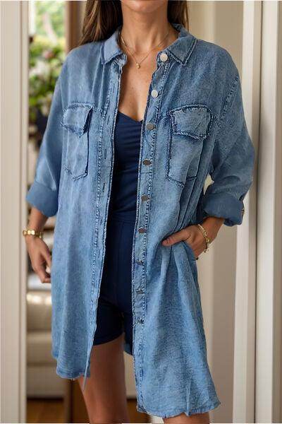 Full Size Pocketed Button Up Long Sleeve Denim Jacket Sale - Selvanelle