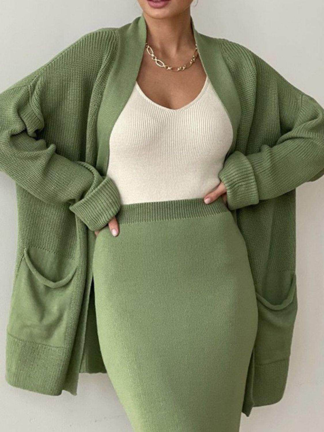 Pocketed Long Sleeve Cardigan and Skirt Sweater Set - Selvanelle