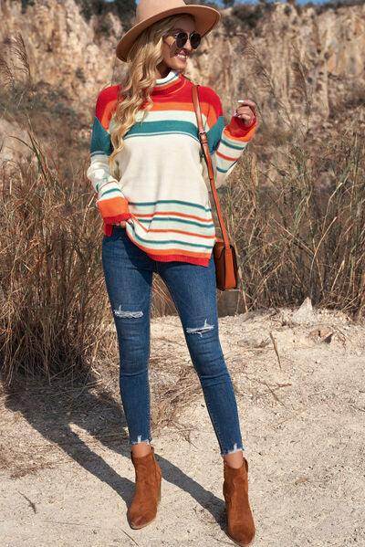 Contrast Striped Turtleneck Dropped Shoulder Sweater for Women - Selvanelle