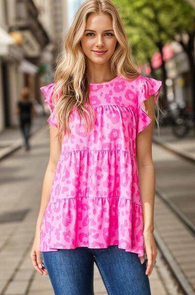 Heimish Full Size Tiered Leopard Round Neck Blouse Plus Size - Selvanelle