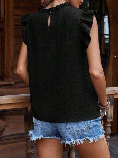 Ruffled Frill Mock Neck Cap Sleeve Blouse for Women - Selvanelle