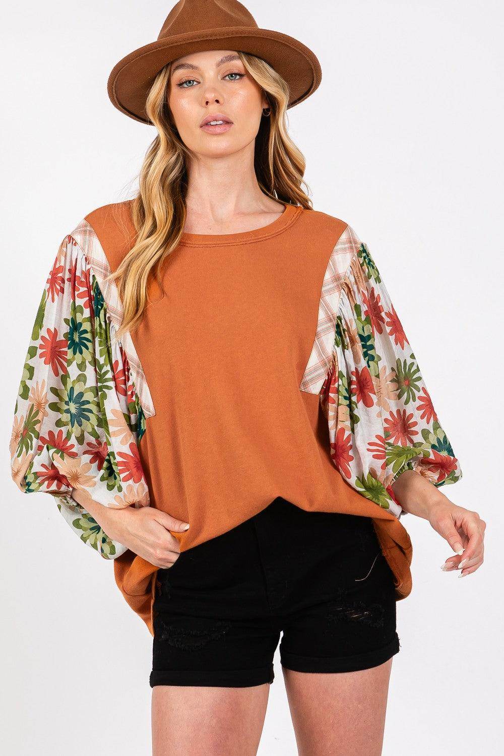 SAGE + FIG Full Size Printed Balloon Sleeve Contrast Top - Selvanelle