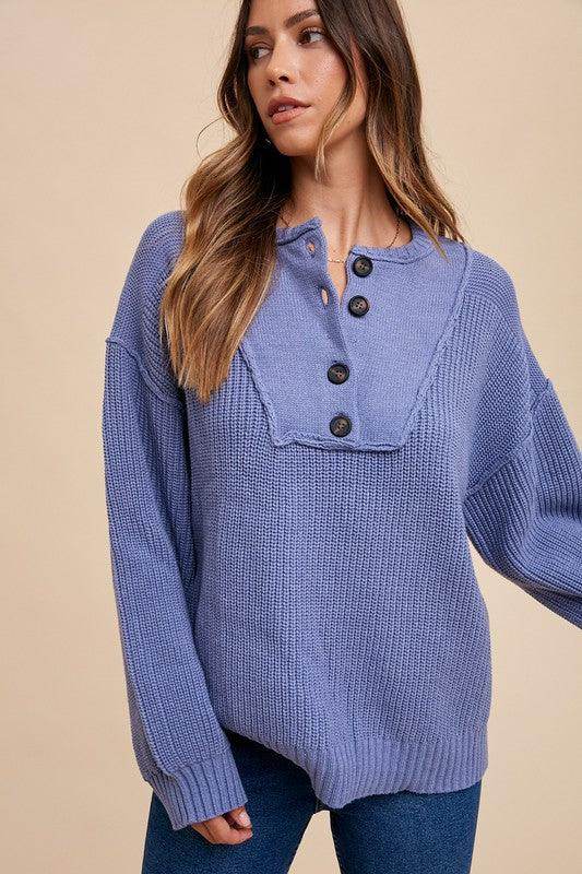 Annie Wear Half Button Ribbed Hem Sweater for Women - Selvanelle