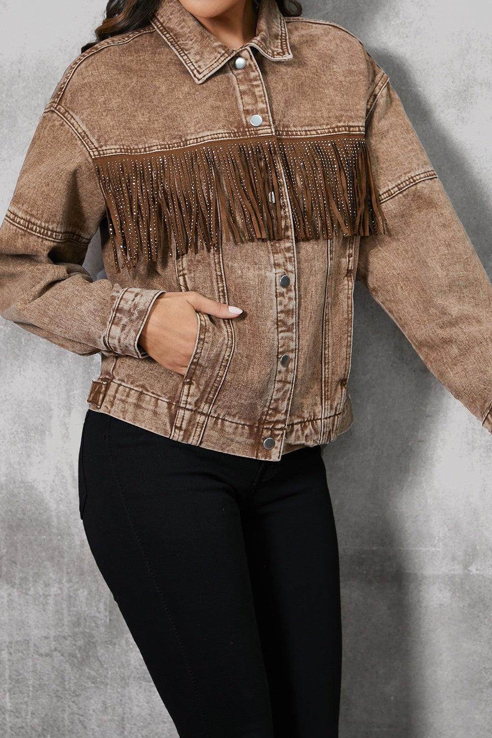 Fringe Trim Snap Down Denim Jacket for Stylish Casual Wear - Selvanelle