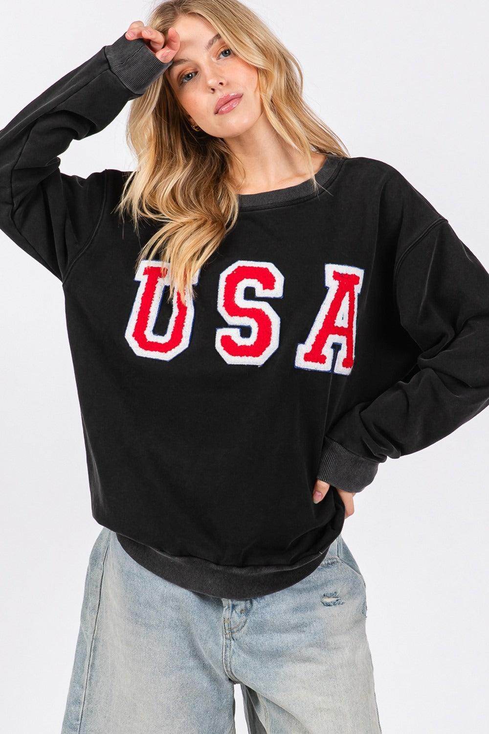 SAGE + FIG USA Letter Patch Round Neck Sweatshirt for Style - Selvanelle