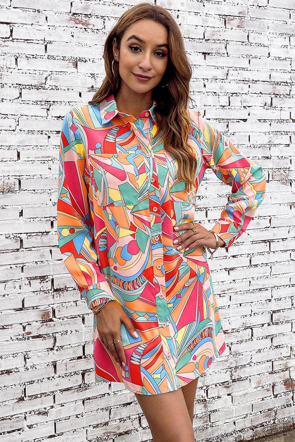 Multicolored Long Sleeve Shirt Dress for Casual Wear - Selvanelle