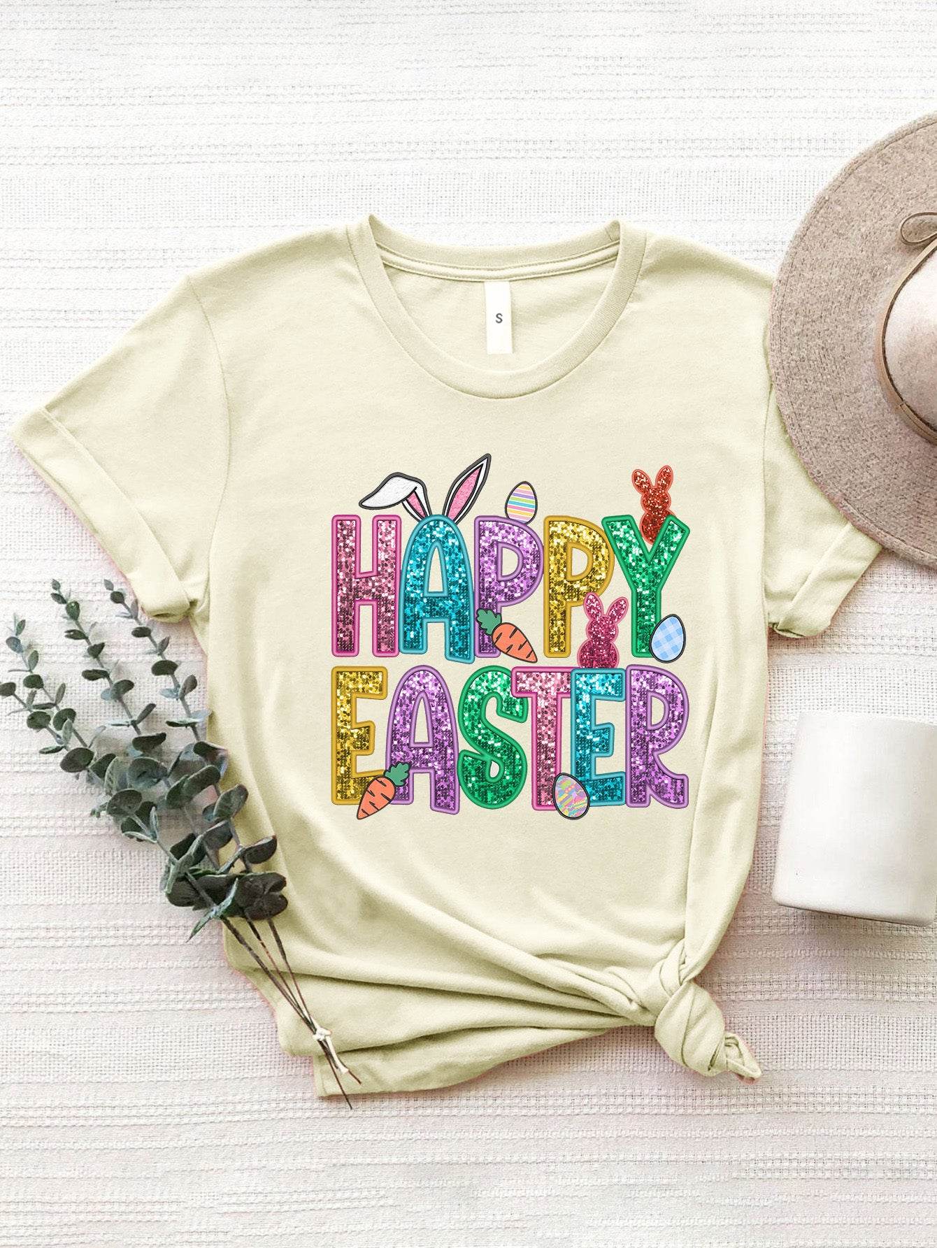 HAPPY EASTER Round Neck Short Sleeve T-Shirt - Selvanelle