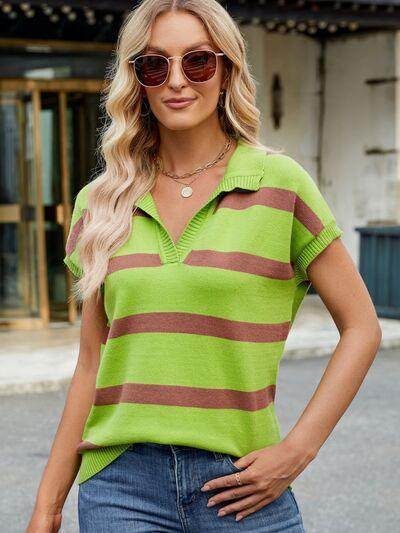 Striped Johnny Collar Cap Sleeve Sweater for Women - Selvanelle