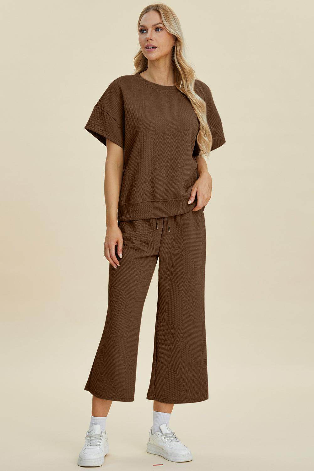 Double Take Full Size Texture Round Neck Top and Pants Set - Selvanelle