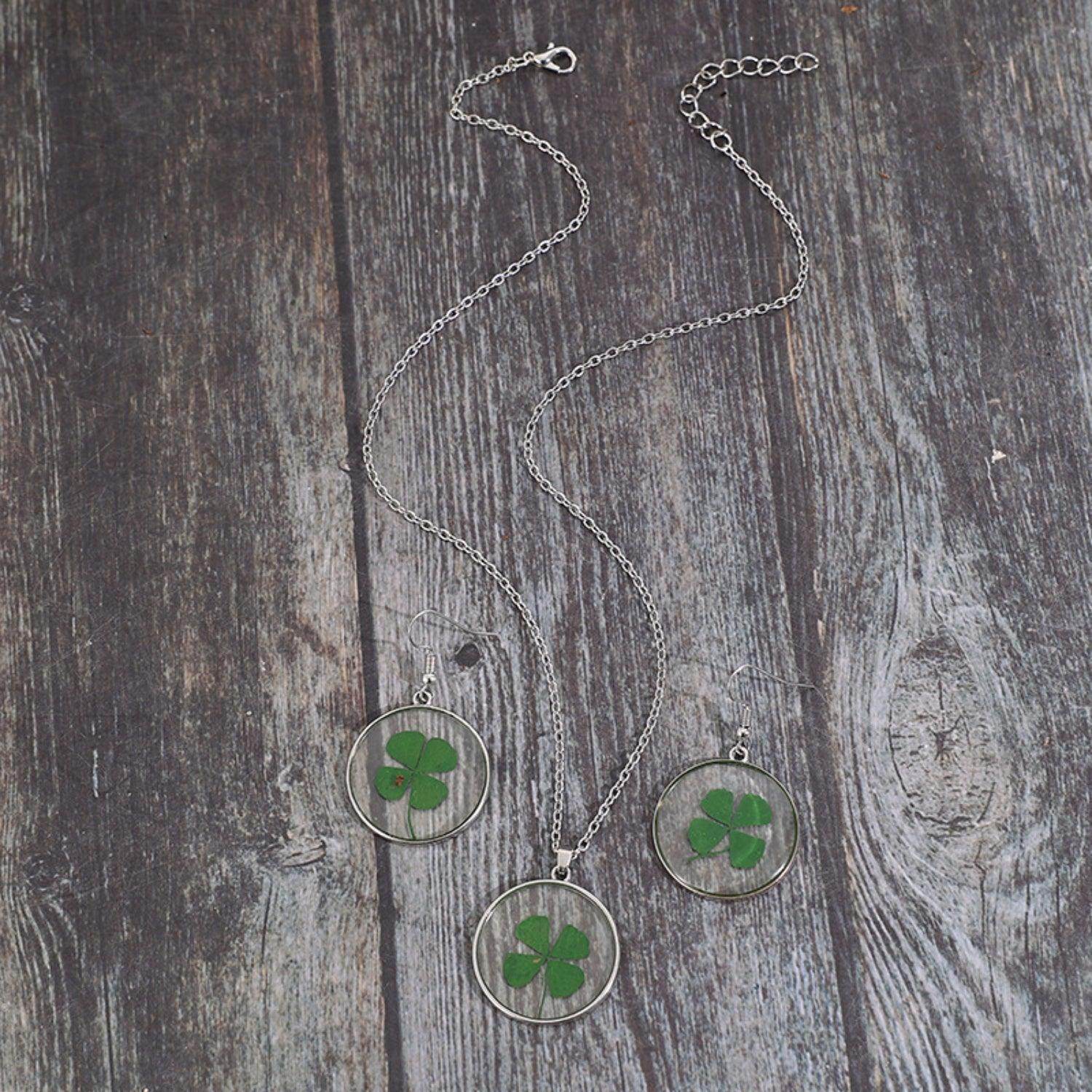Lucky Clover Alloy Acrylic Earrings and Necklace Jewelry Set - Selvanelle