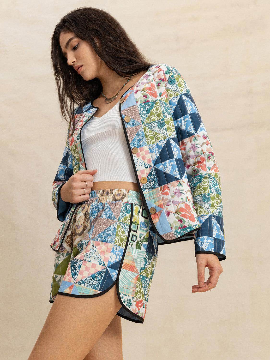 Printed Button Up Long Sleeve Outerwear and Shorts Set - Selvanelle