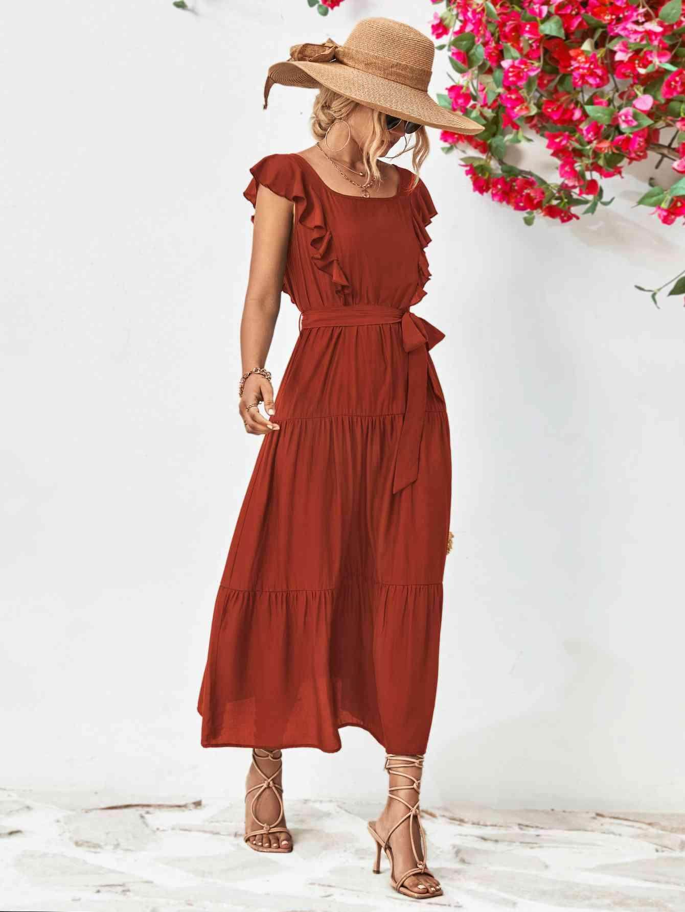 Tie Belt Ruffled Tiered Dress for Chic Midi Style - Selvanelle