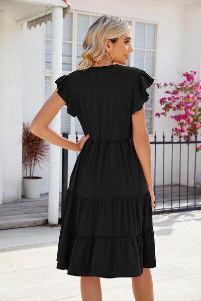 Ruched Notched Cap Sleeve Dress with Pockets and Stretch - Selvanelle